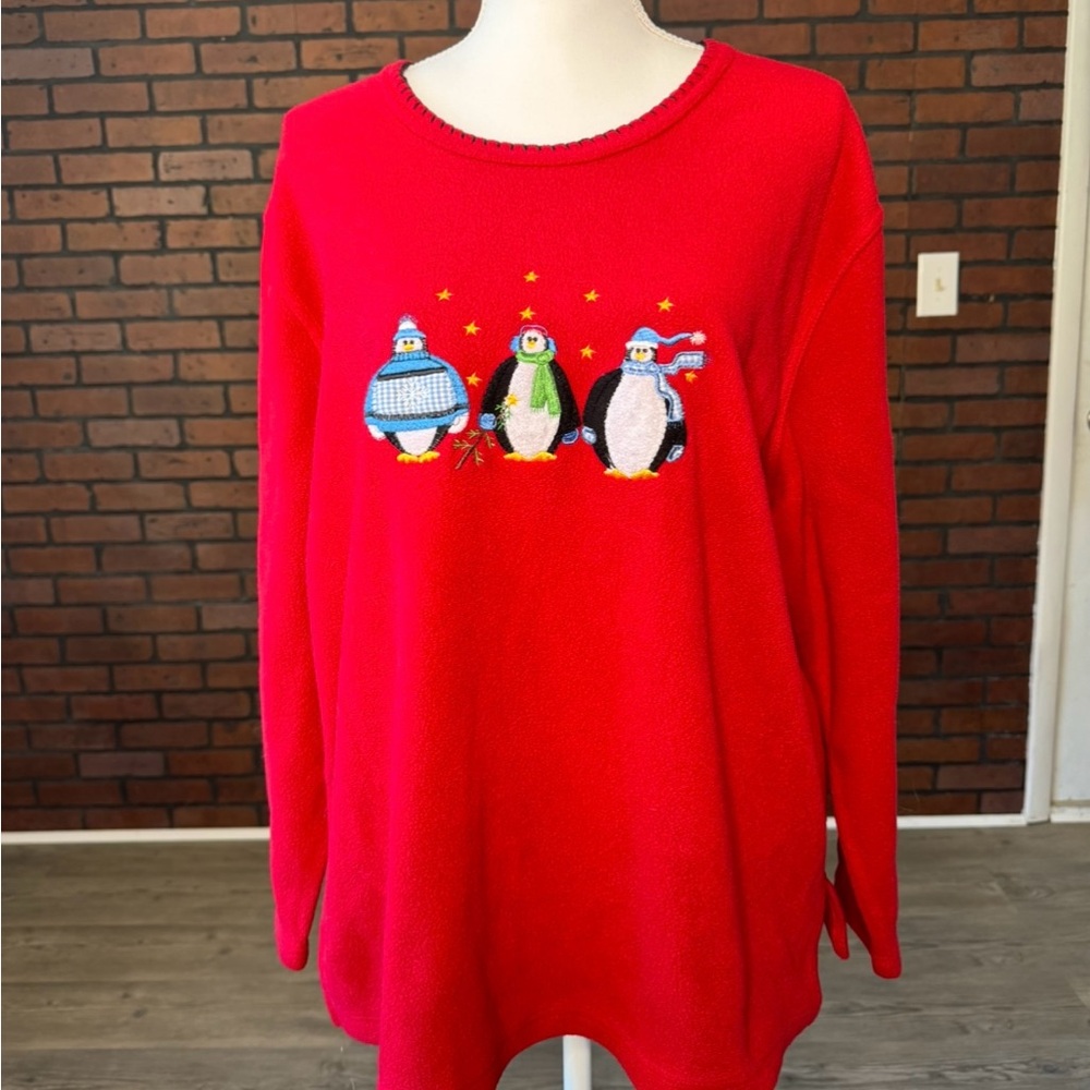 C.D. Daniels Red Fleece‎ Holiday Top Penguins Embroidered Women’s 1X Christmas
